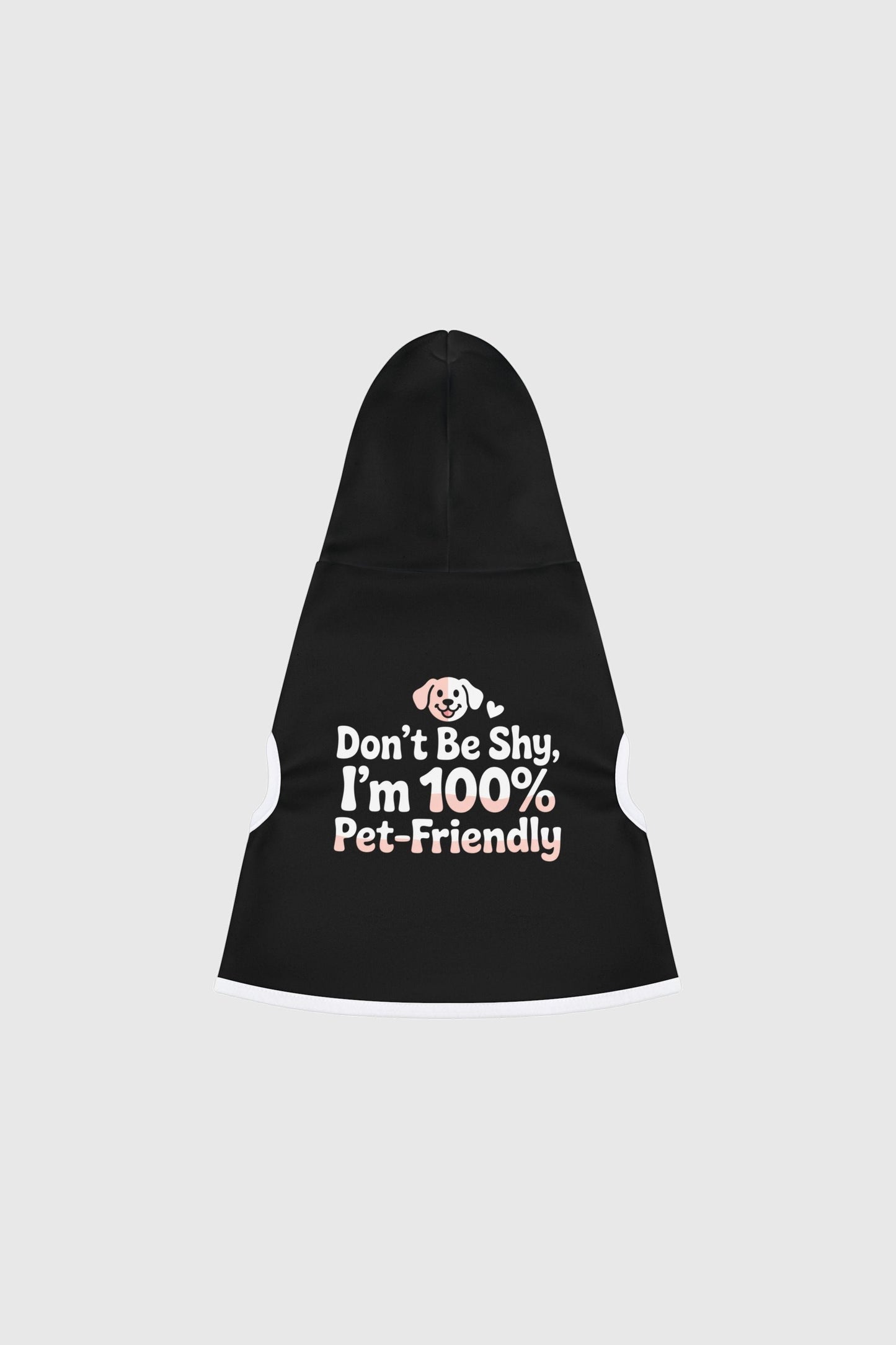 Border collie wearing white dog hoodie with Don't Be Shy print