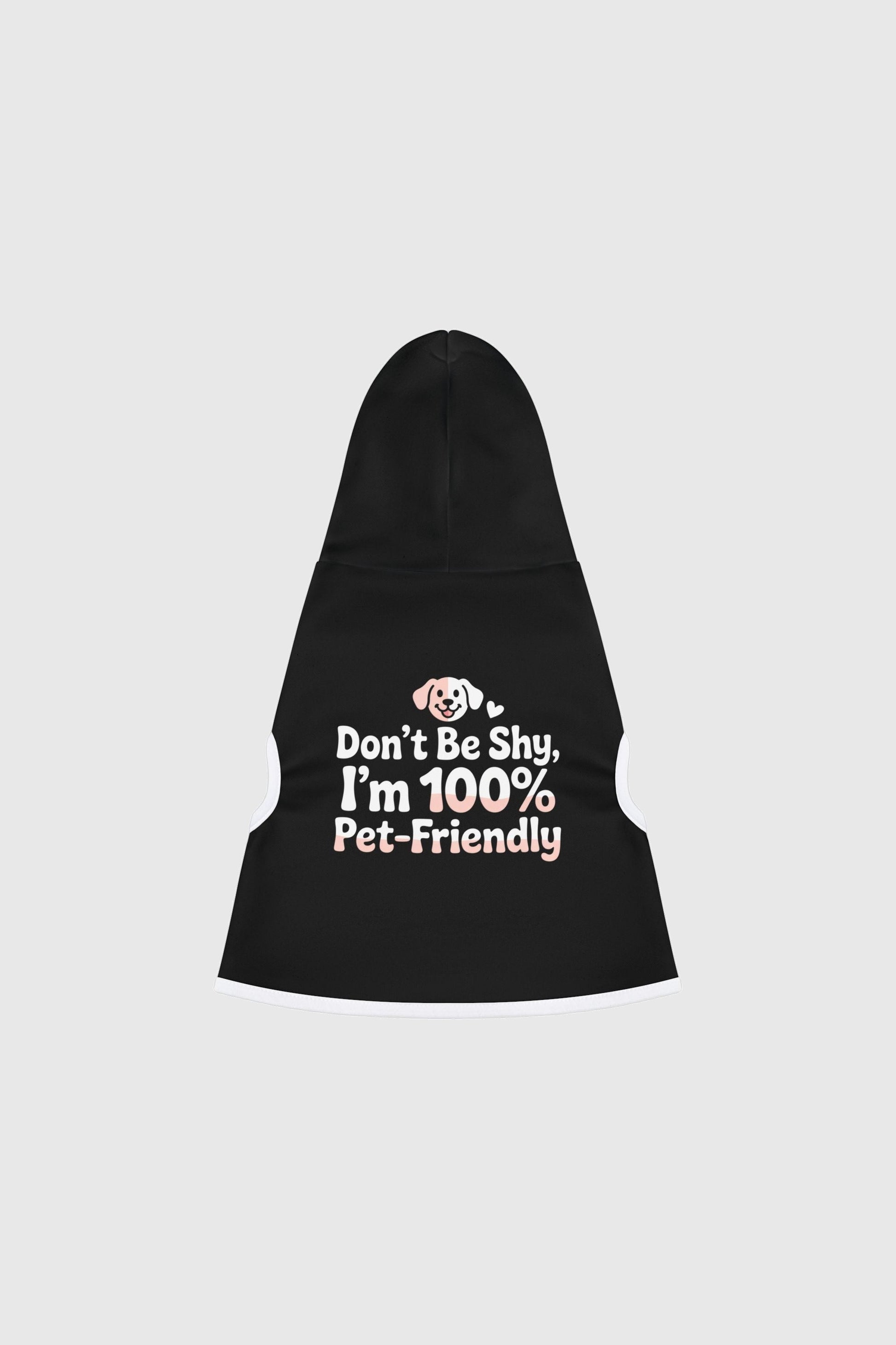Border collie wearing white dog hoodie with Don't Be Shy print