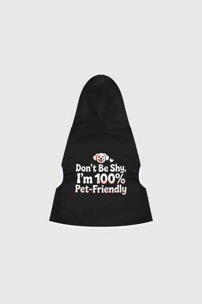 Border collie wearing white dog hoodie with Don't Be Shy print