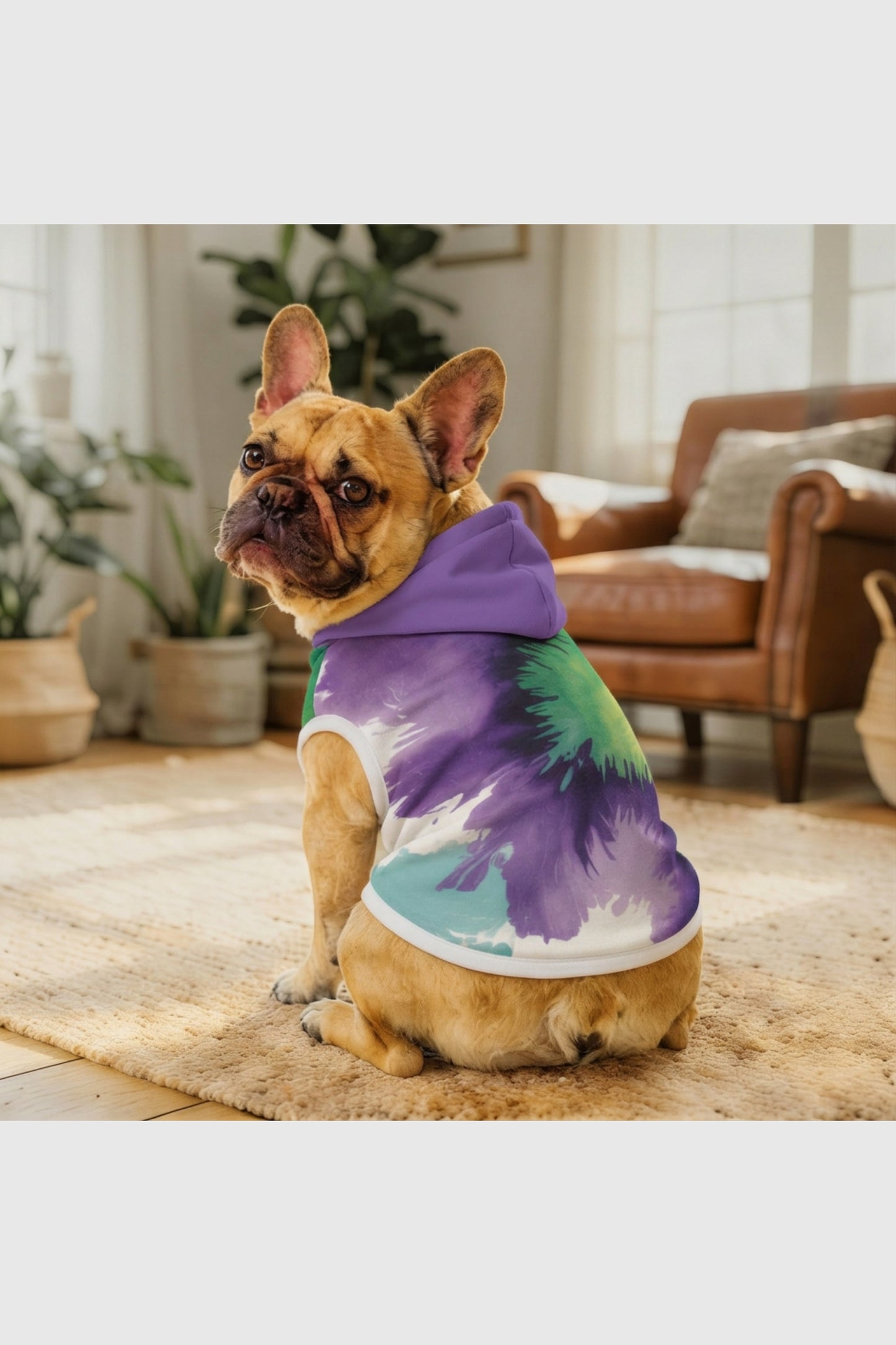 Tie-dye green and purple dog hoodie, pullover style