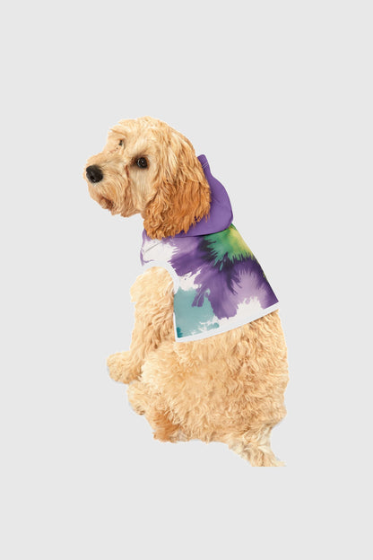 Dachshund wearing tie-dye green purple dog hoodie