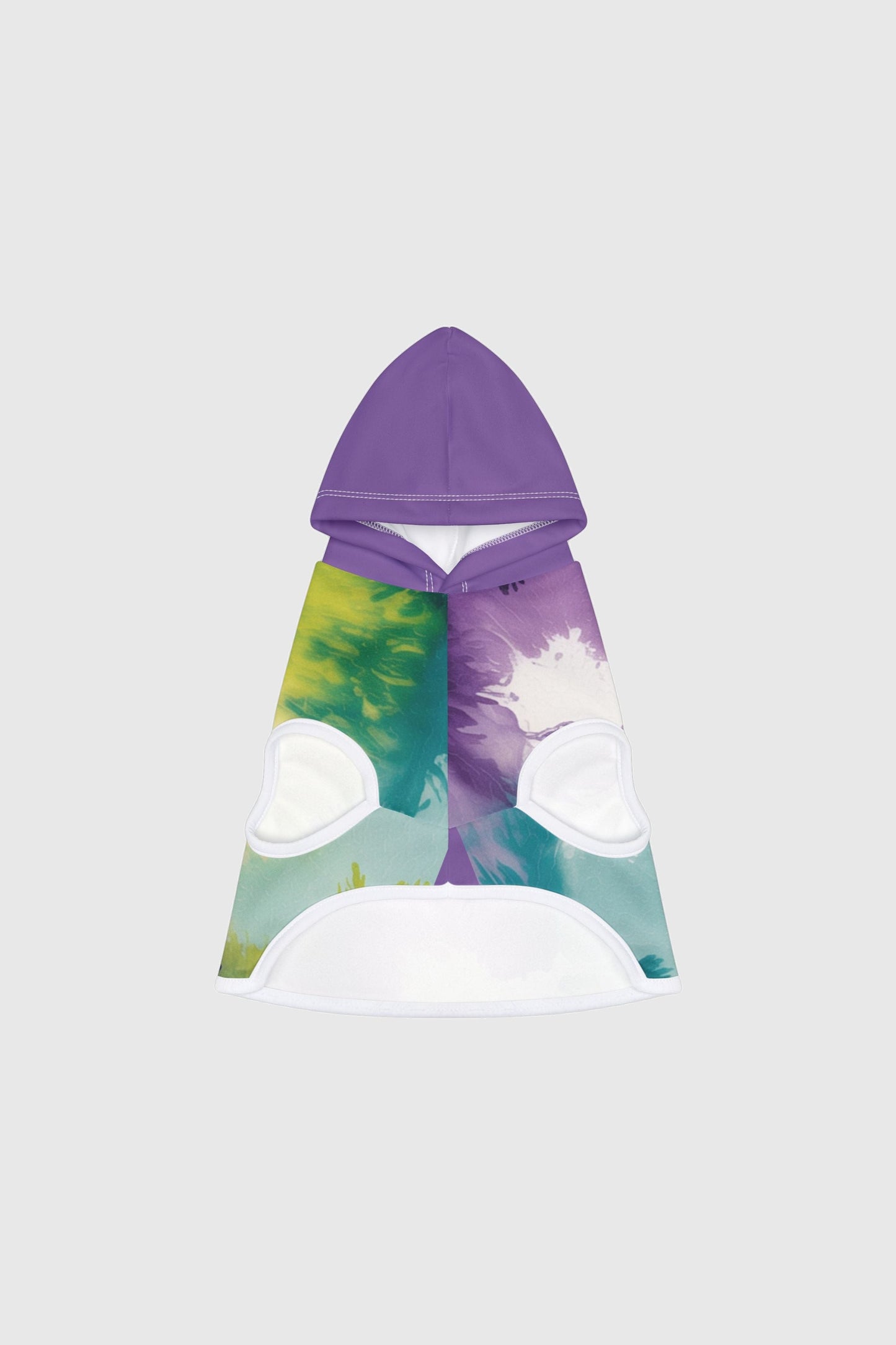 Golden retriever wearing tie-dye green and purple dog hoodie
