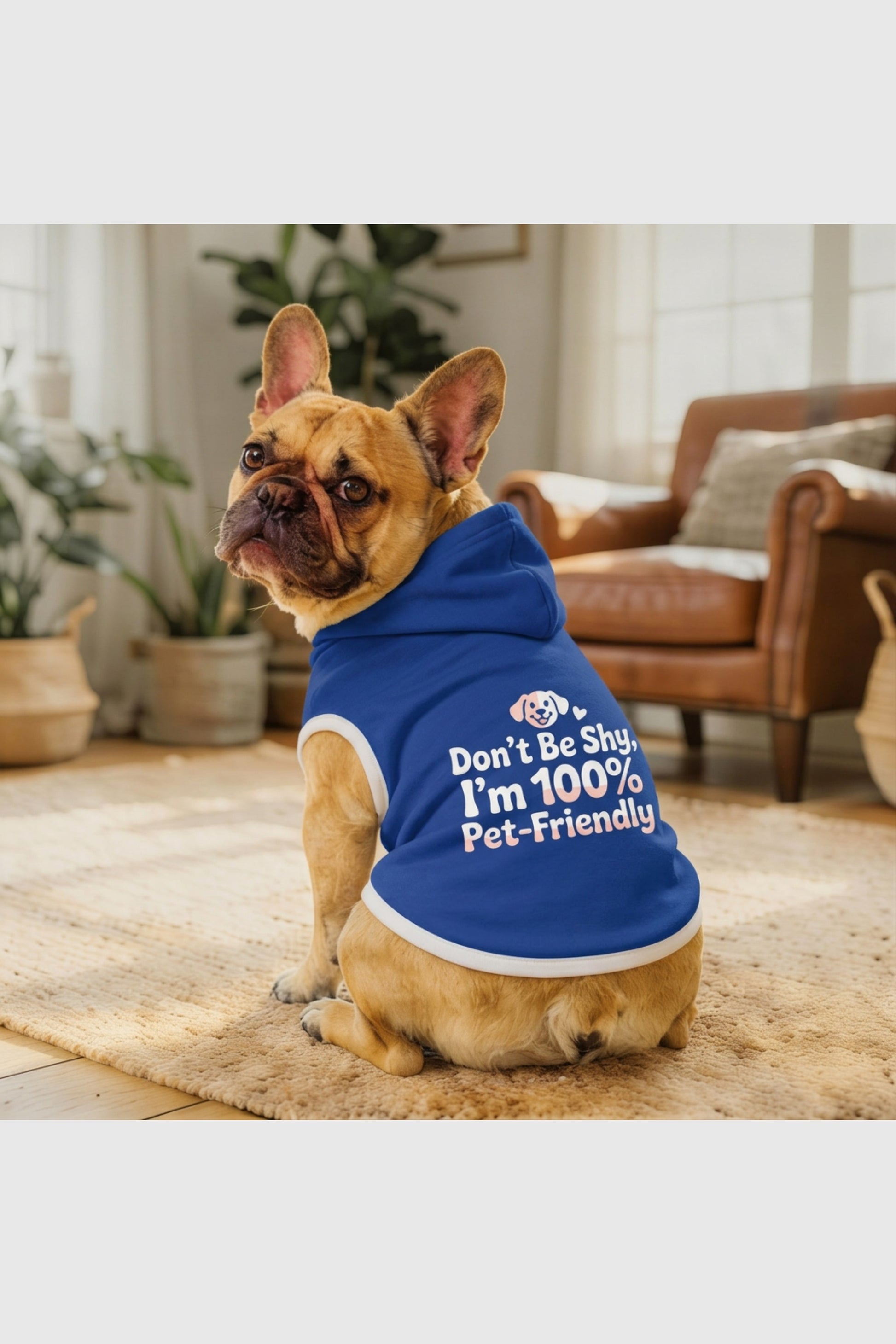 Blue dog hoodie with Don't Be Shy print, pullover style