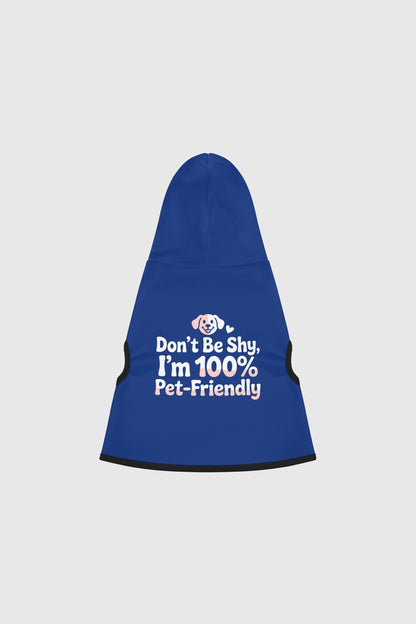 Dachshund wearing blue Don't Be Shy dog hoodie