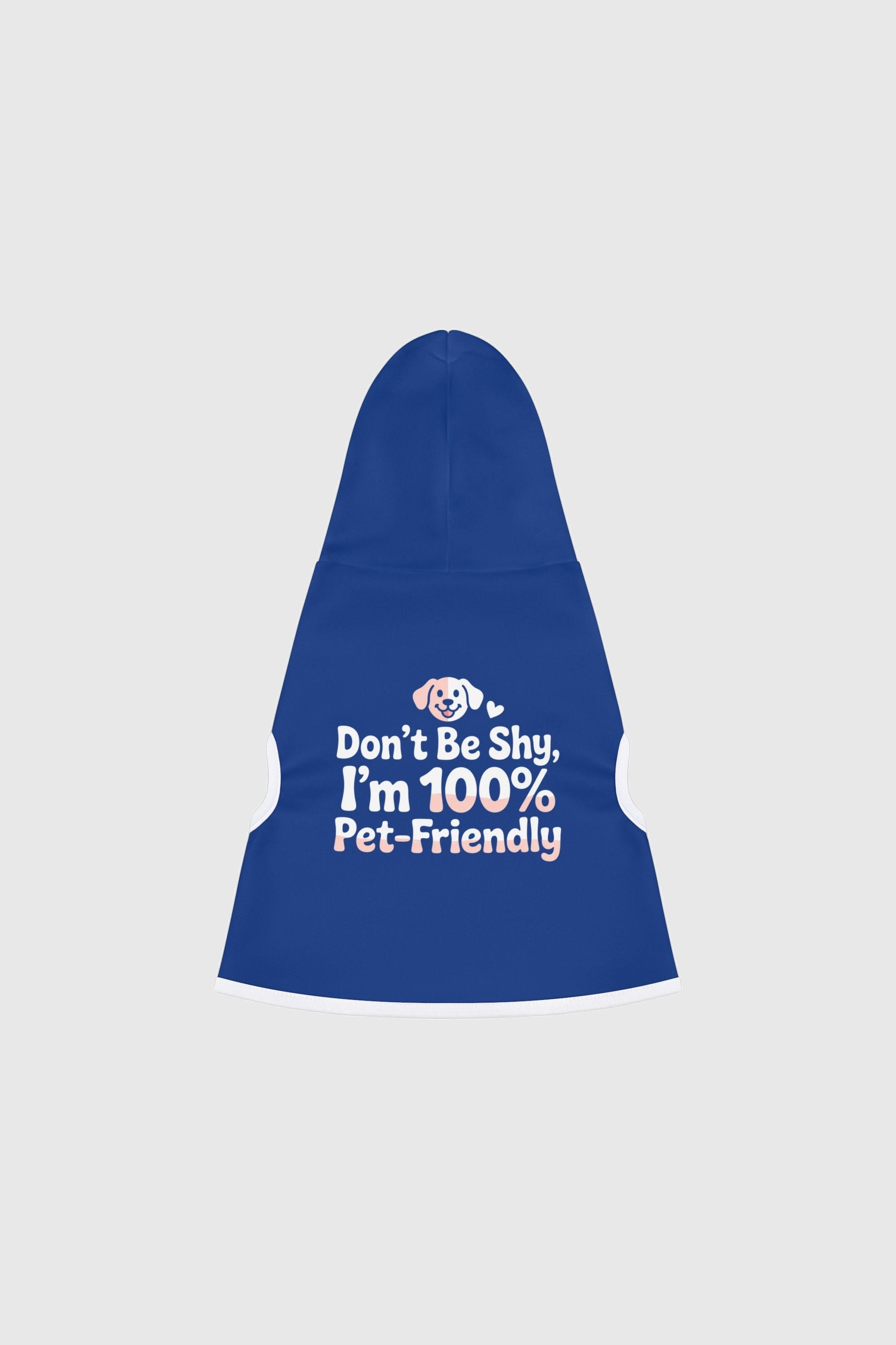 Basset hound wearing blue dog hoodie with Don't Be Shy print
