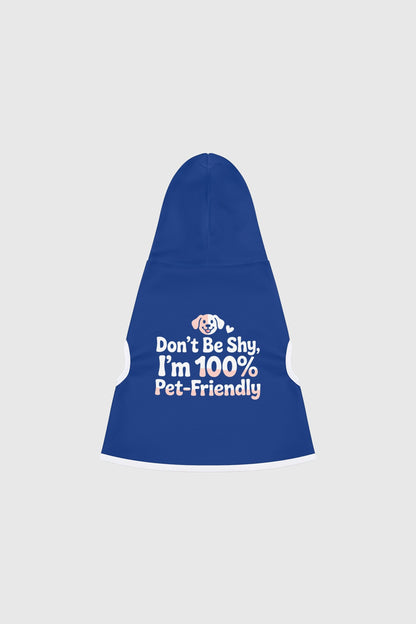 Basset hound wearing blue dog hoodie with Don't Be Shy print