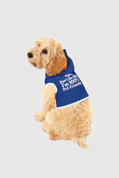 Blue dog hoodie with Don't Be Shy graphic, back view
