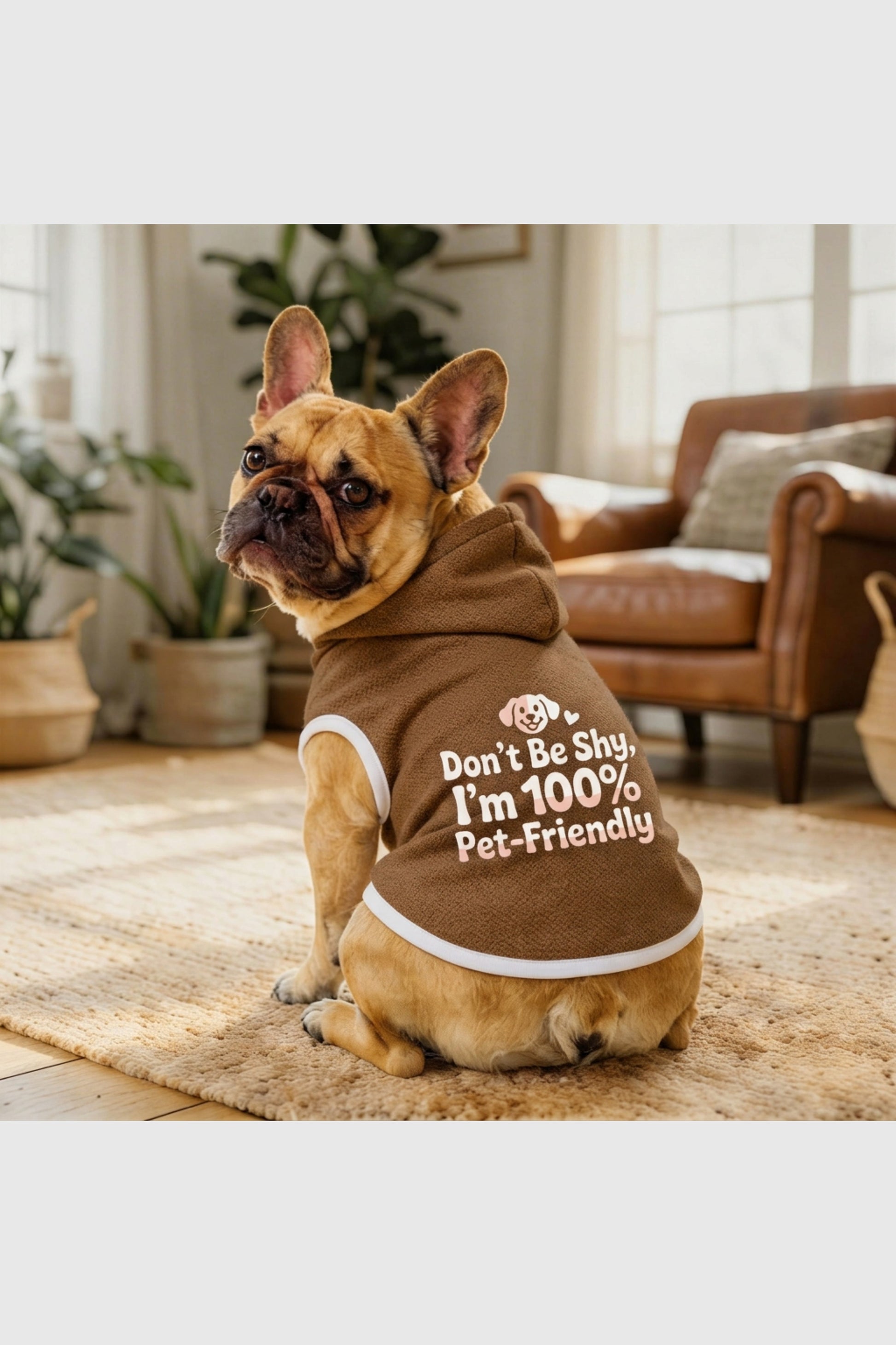 Grey dog hoodie with Don't Be Shy print, pullover style