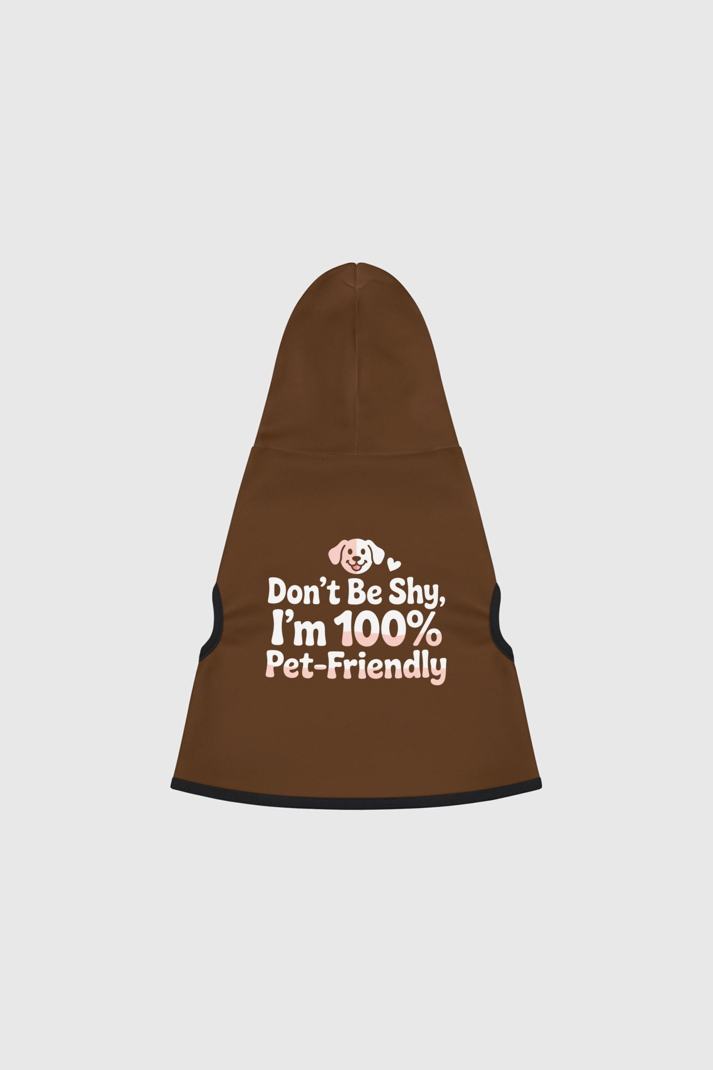 Beagle wearing grey dog hoodie with Don't Be Shy print