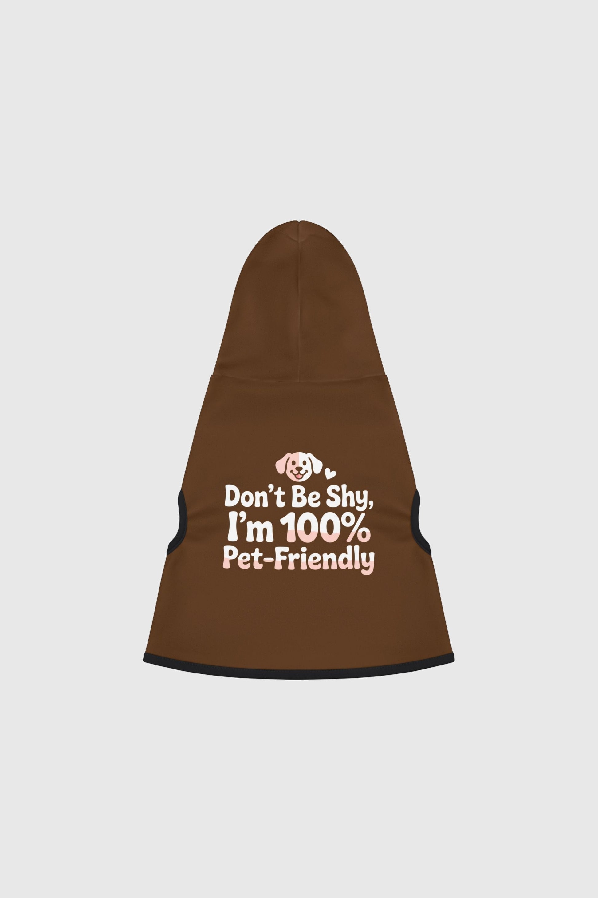 Beagle wearing grey dog hoodie with Don't Be Shy print