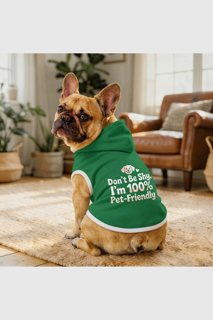 Green dog hoodie with Don't Be Shy print, pullover style