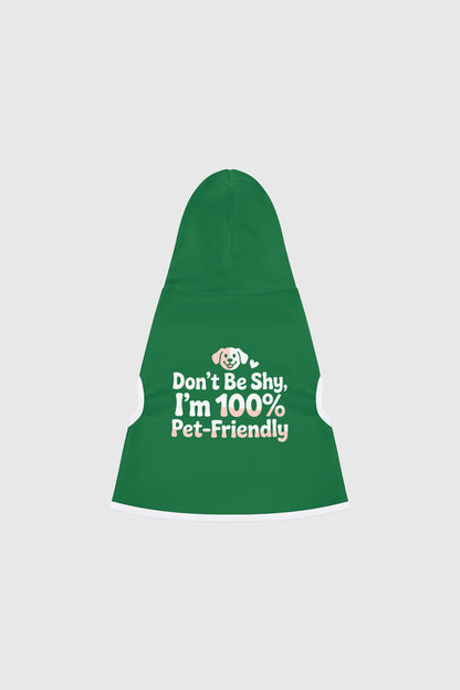 Dachshund wearing green Don't Be Shy dog hoodie