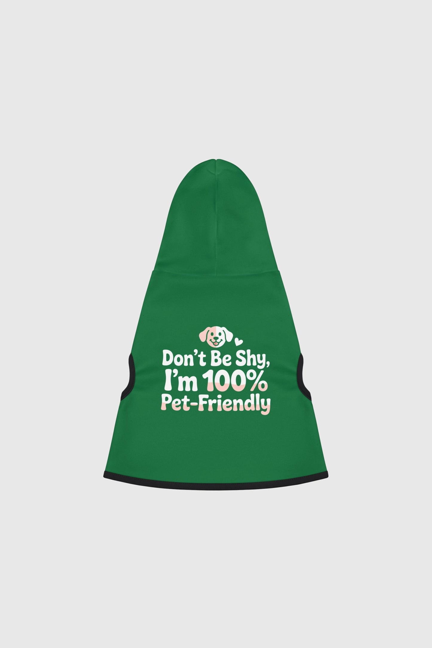 Irish setter wearing green dog hoodie with Don't Be Shy print