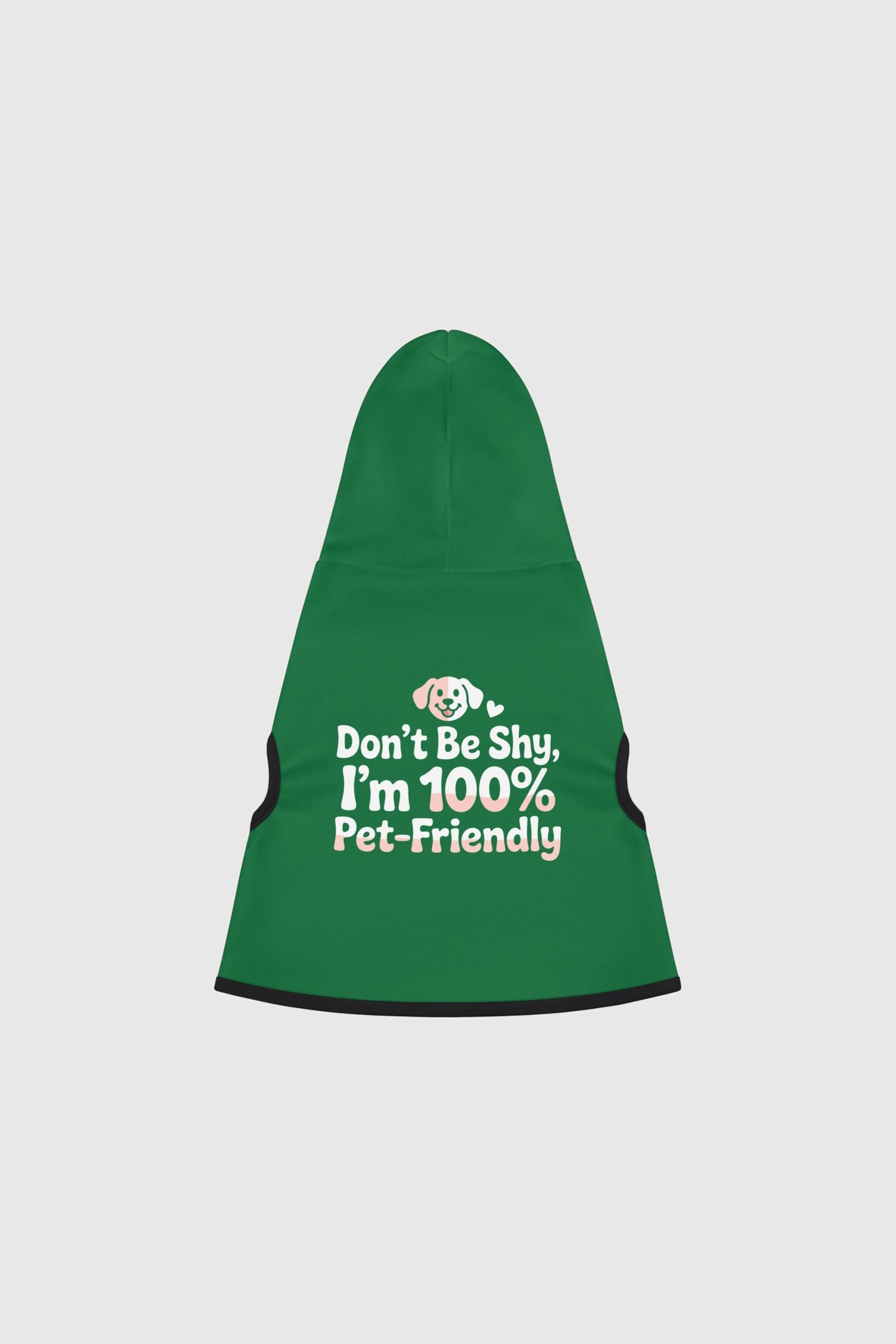 Irish setter wearing green dog hoodie with Don't Be Shy print