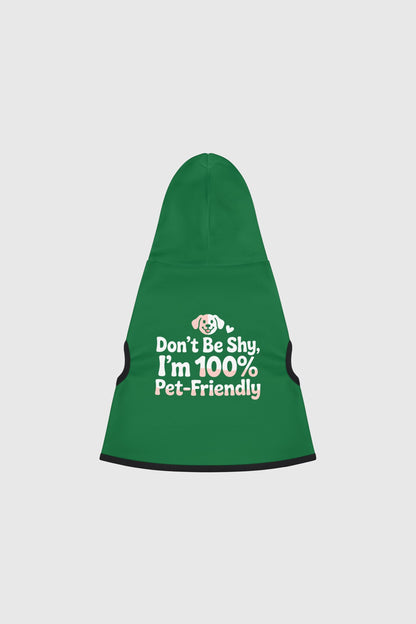 Irish setter wearing green dog hoodie with Don't Be Shy print