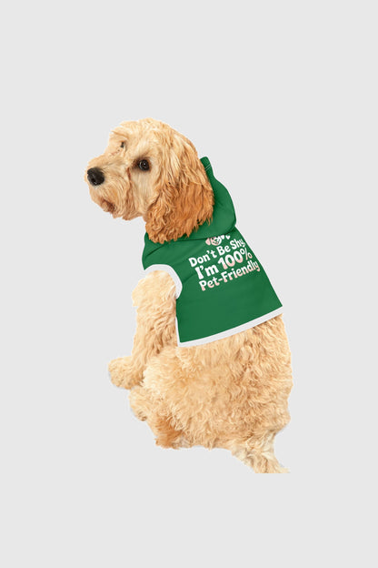 Don't Be Shy print detail on green dog hoodie
