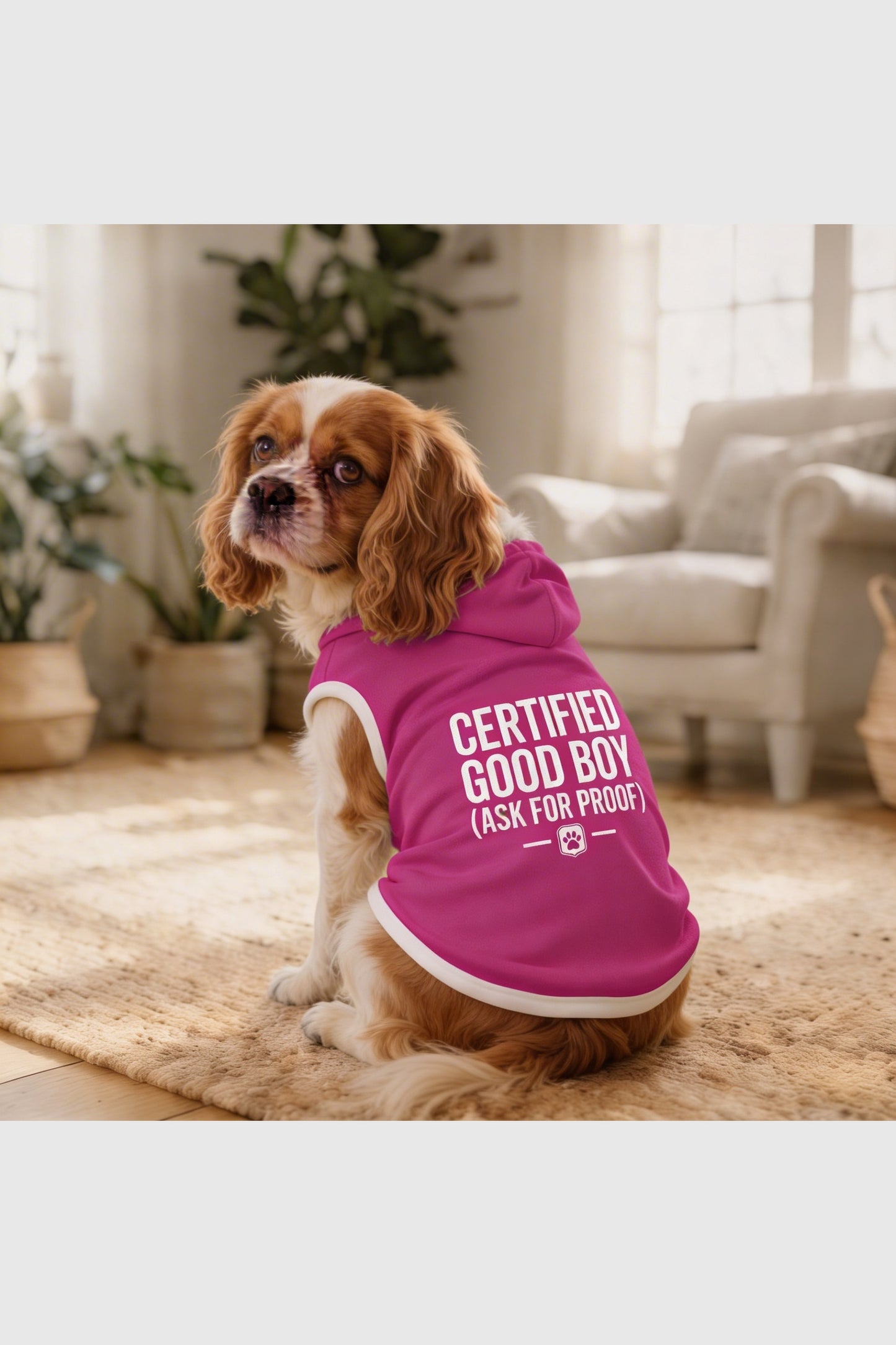 Red dog hoodie with Don't Be Shy print, pullover style