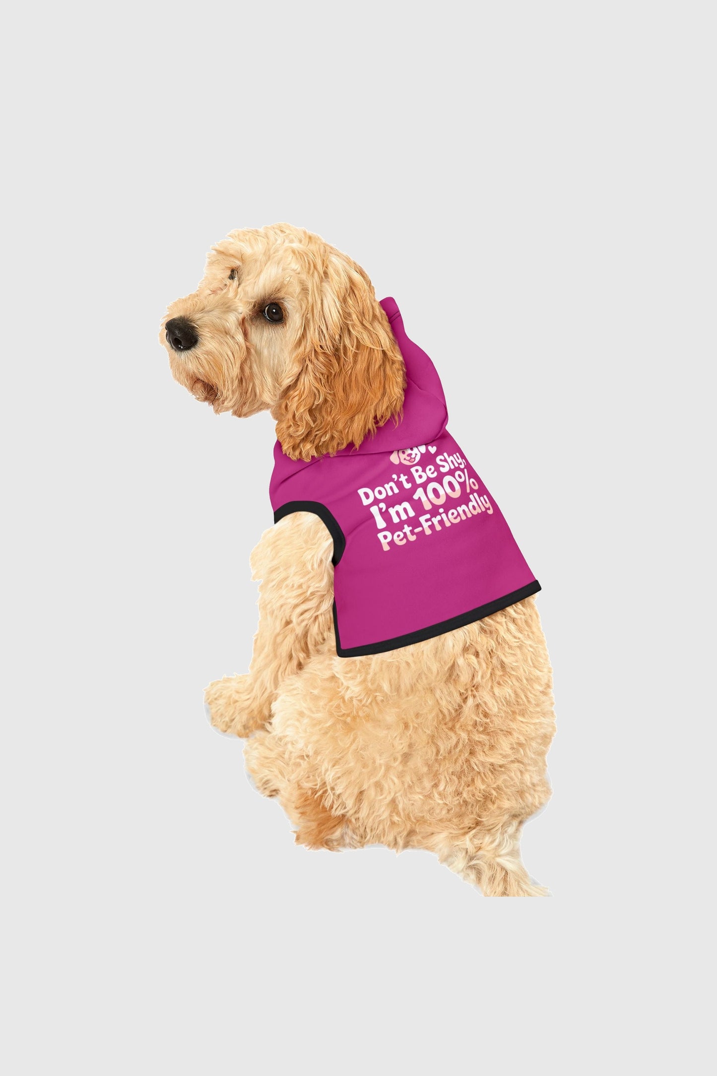 Red dog hoodie with Don't Be Shy graphic, back view