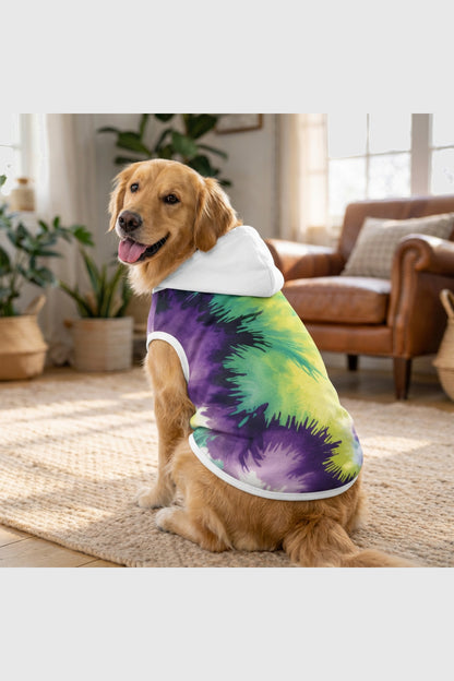 Tie-dye purple and white dog hoodie, pullover style