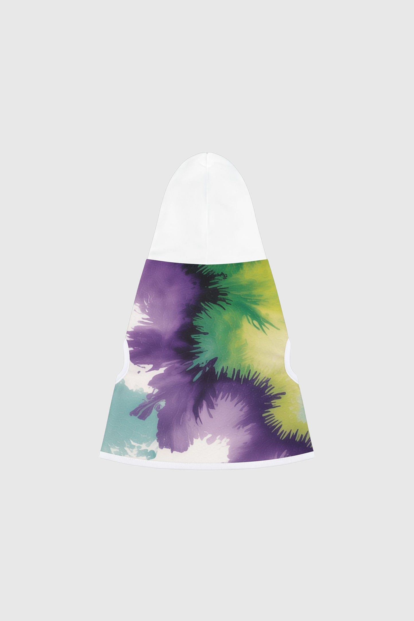 Dachshund wearing tie-dye purple white dog hoodie