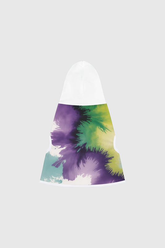 Dachshund wearing tie-dye purple white dog hoodie