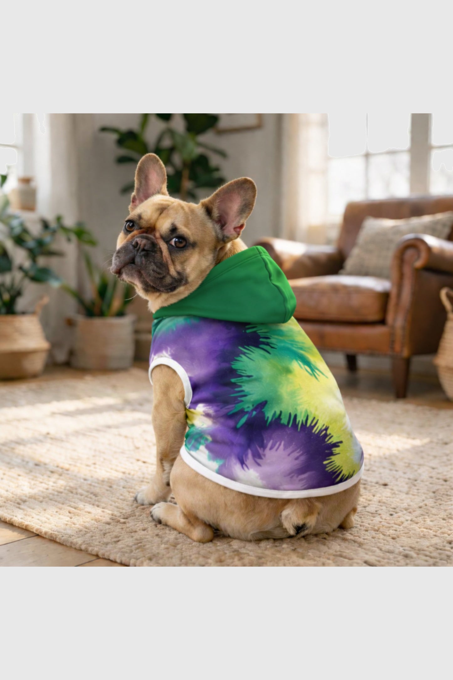 Tie-dye purple and green dog hoodie, pullover style