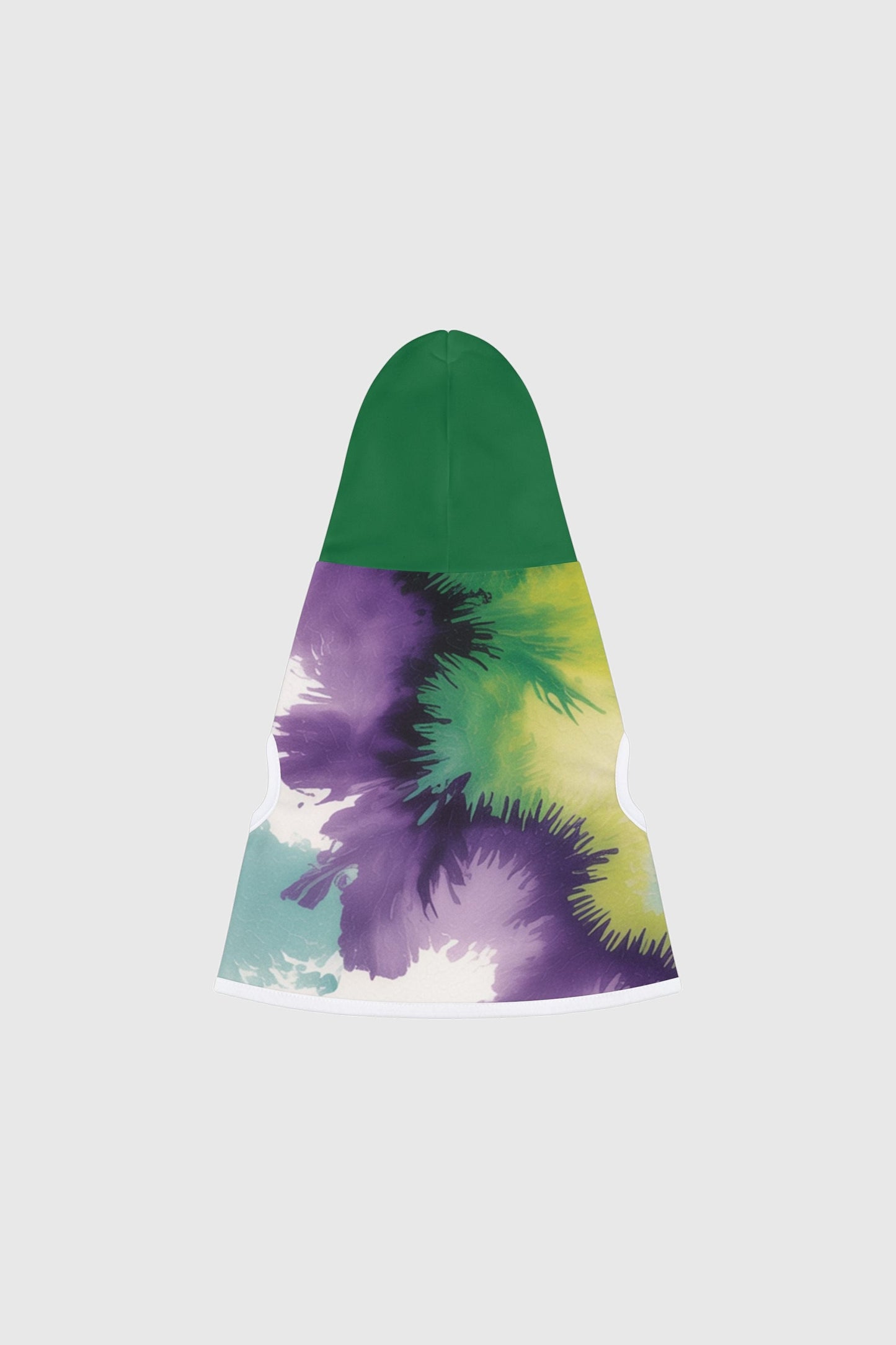 Dachshund wearing tie-dye purple green dog hoodie