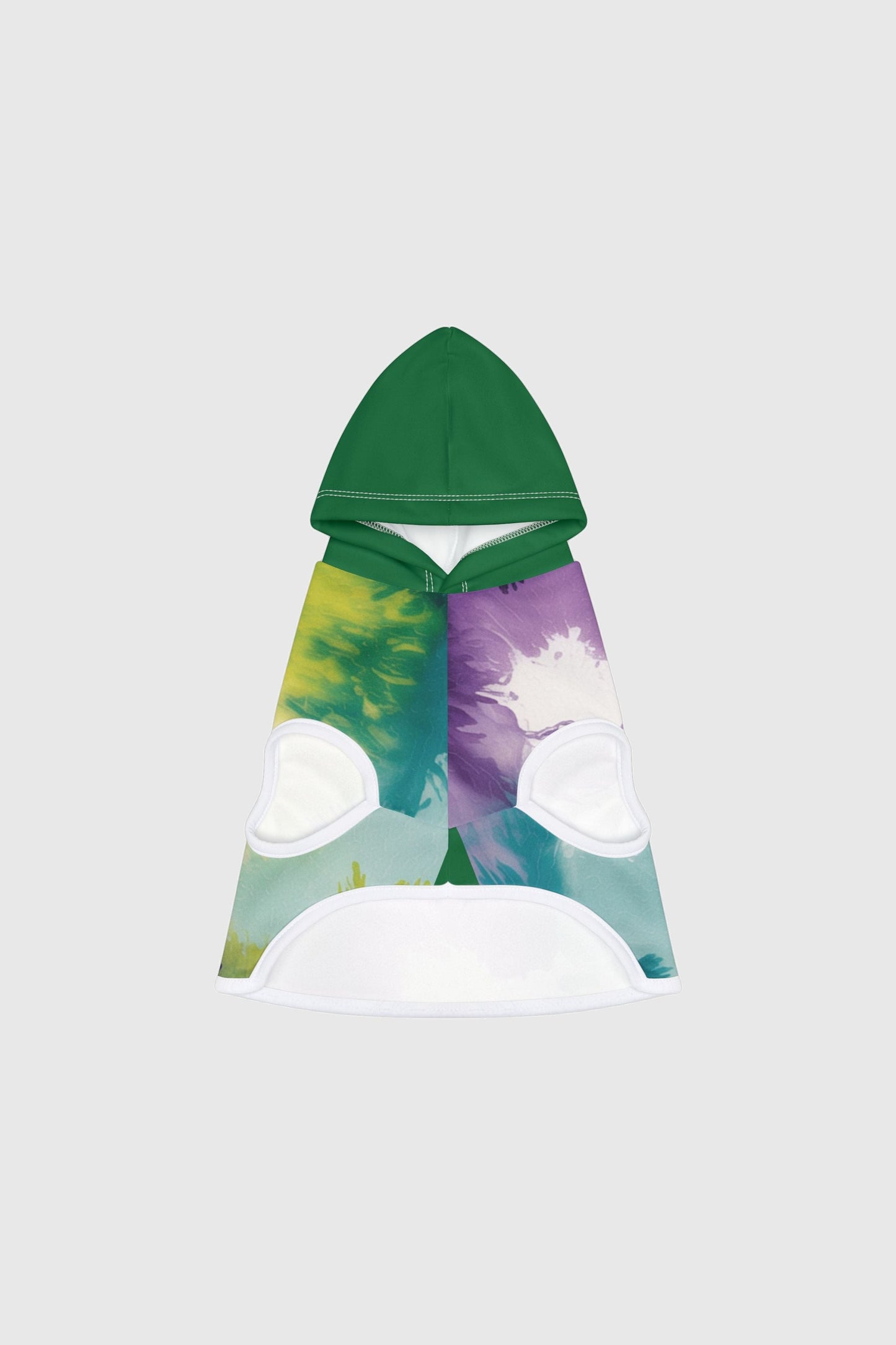 Golden retriever wearing tie-dye purple green dog hoodie