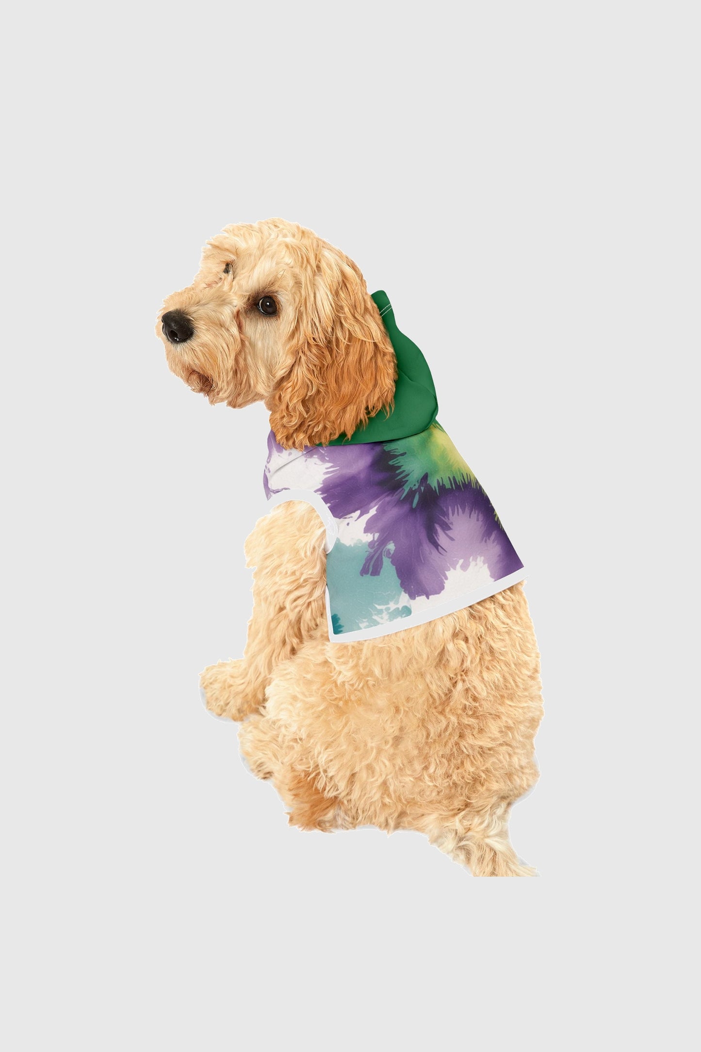 Tie-dye purple green dog hoodie, detail close-up