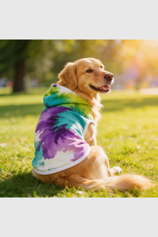 Colorful tie-dye purple dog hoodie, pullover style