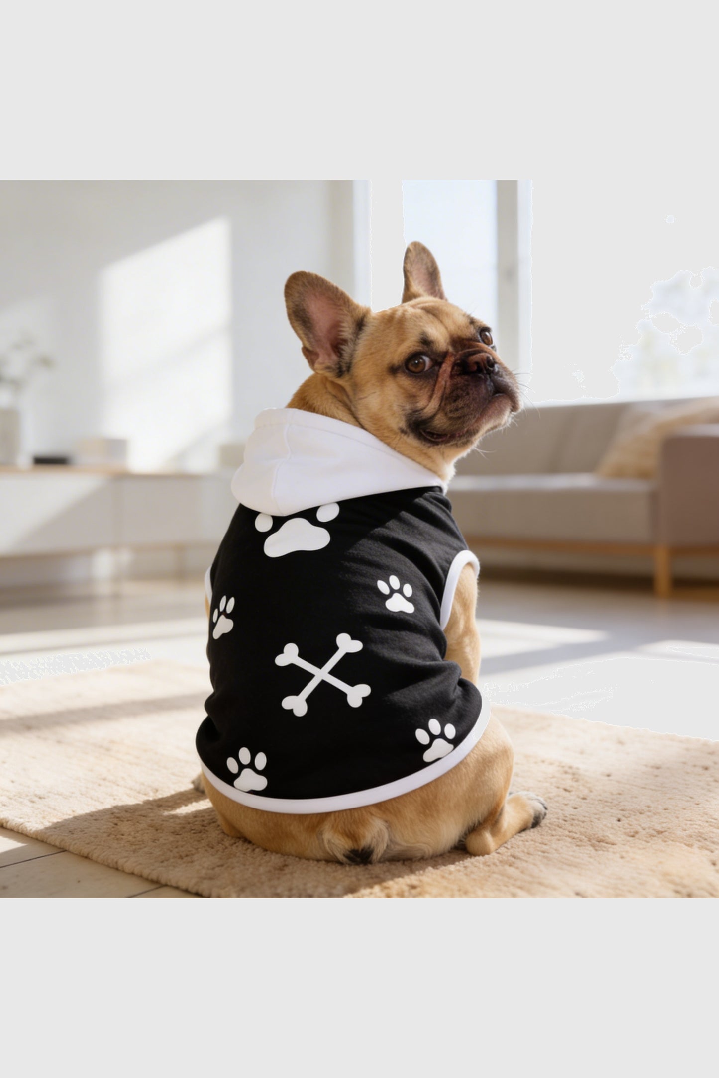 Black dog hoodie with paw print crossbones design, pullover style