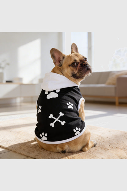Black dog hoodie with paw print crossbones design, pullover style
