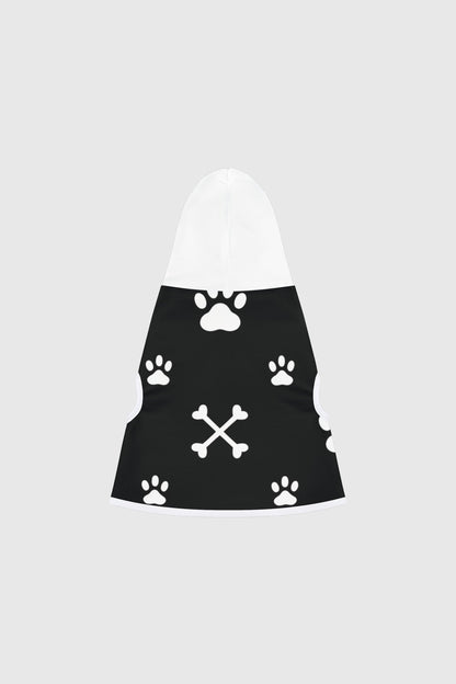 Dachshund wearing black paw print crossbones dog hoodie