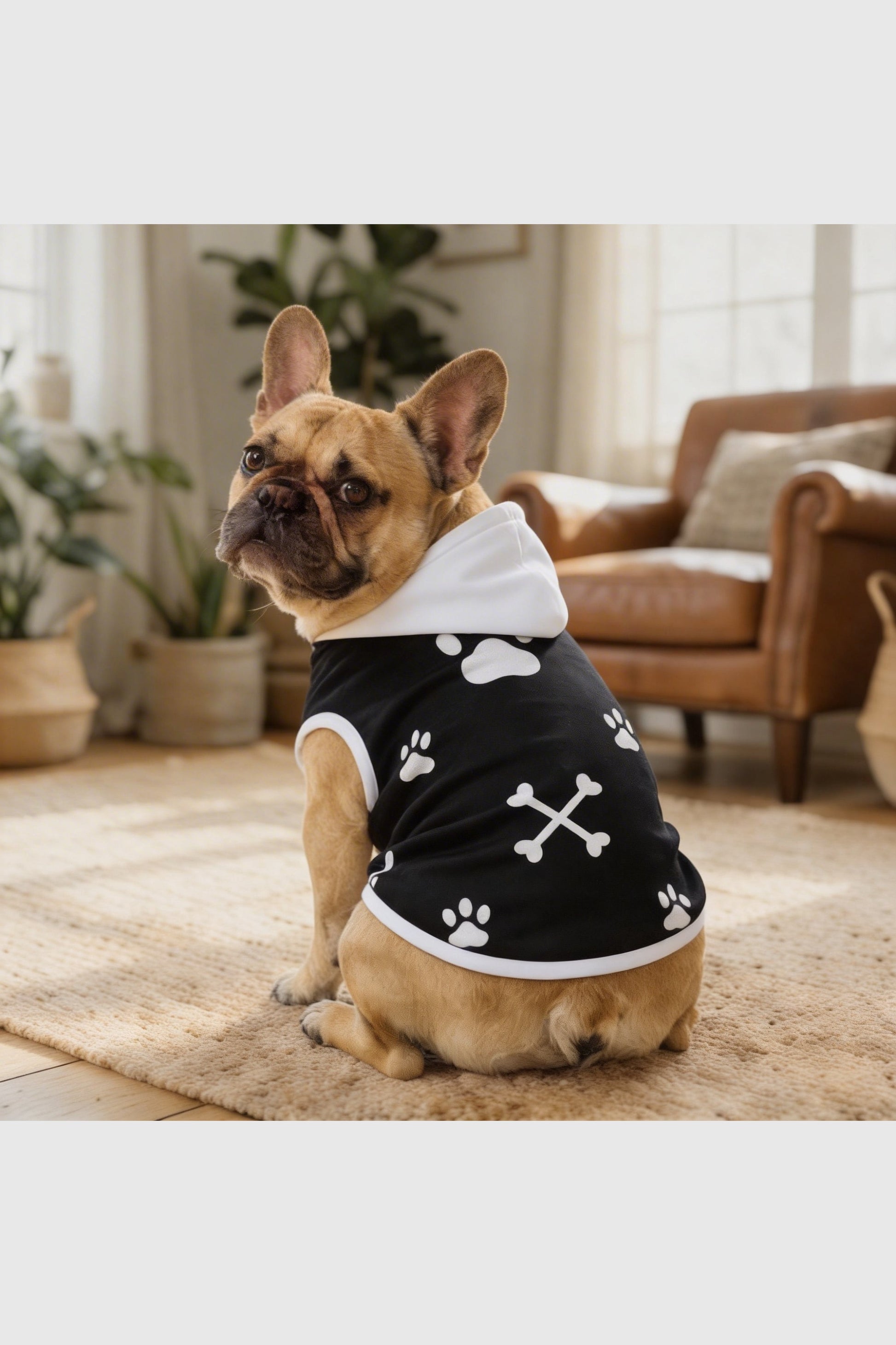 Paw print crossbones detail on black dog hoodie