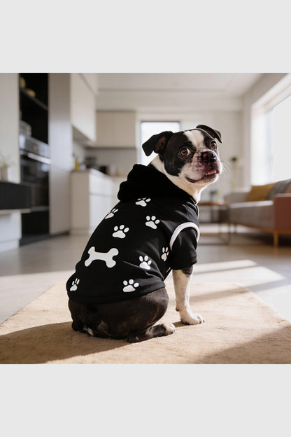 Brown dog hoodie with paw print crossbones design, pullover style
