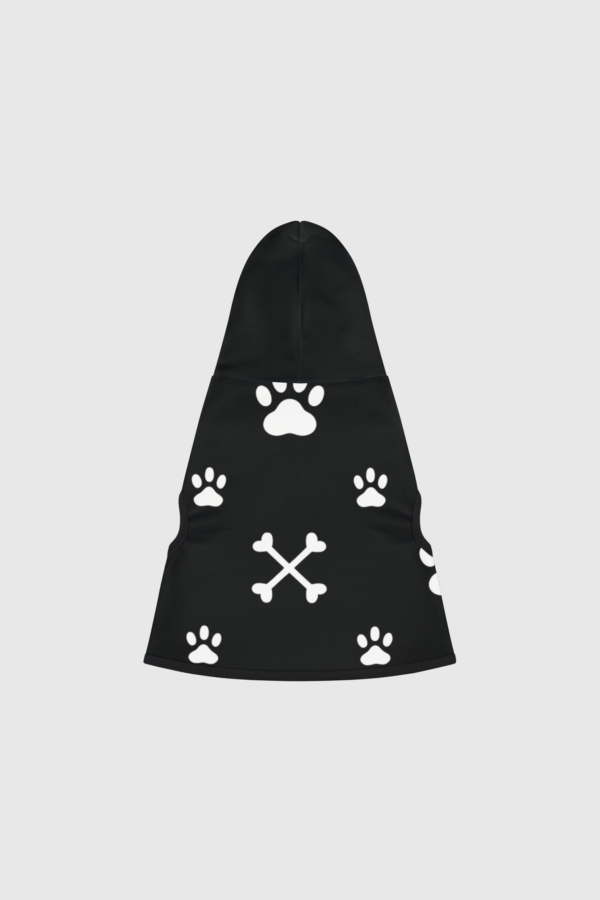 Dachshund wearing brown paw print crossbones dog hoodie