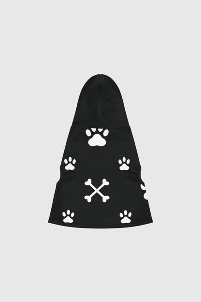 Dachshund wearing brown paw print crossbones dog hoodie