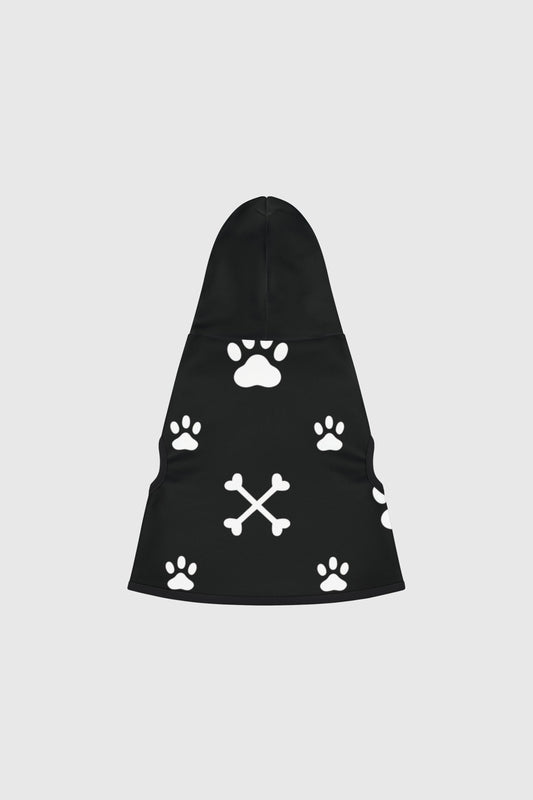 Dachshund wearing brown paw print crossbones dog hoodie