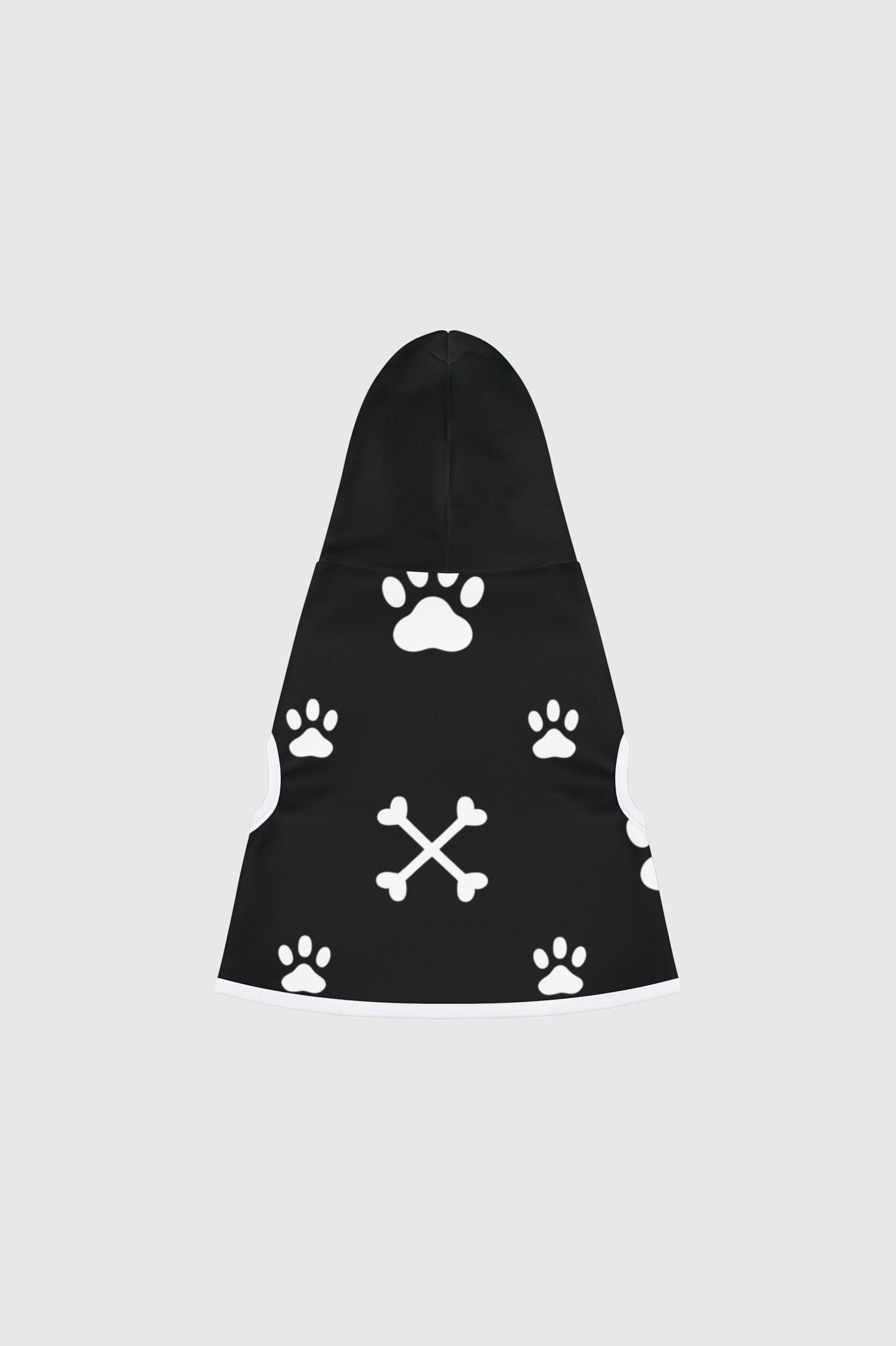 Basset hound wearing brown dog hoodie with paw print crossbones