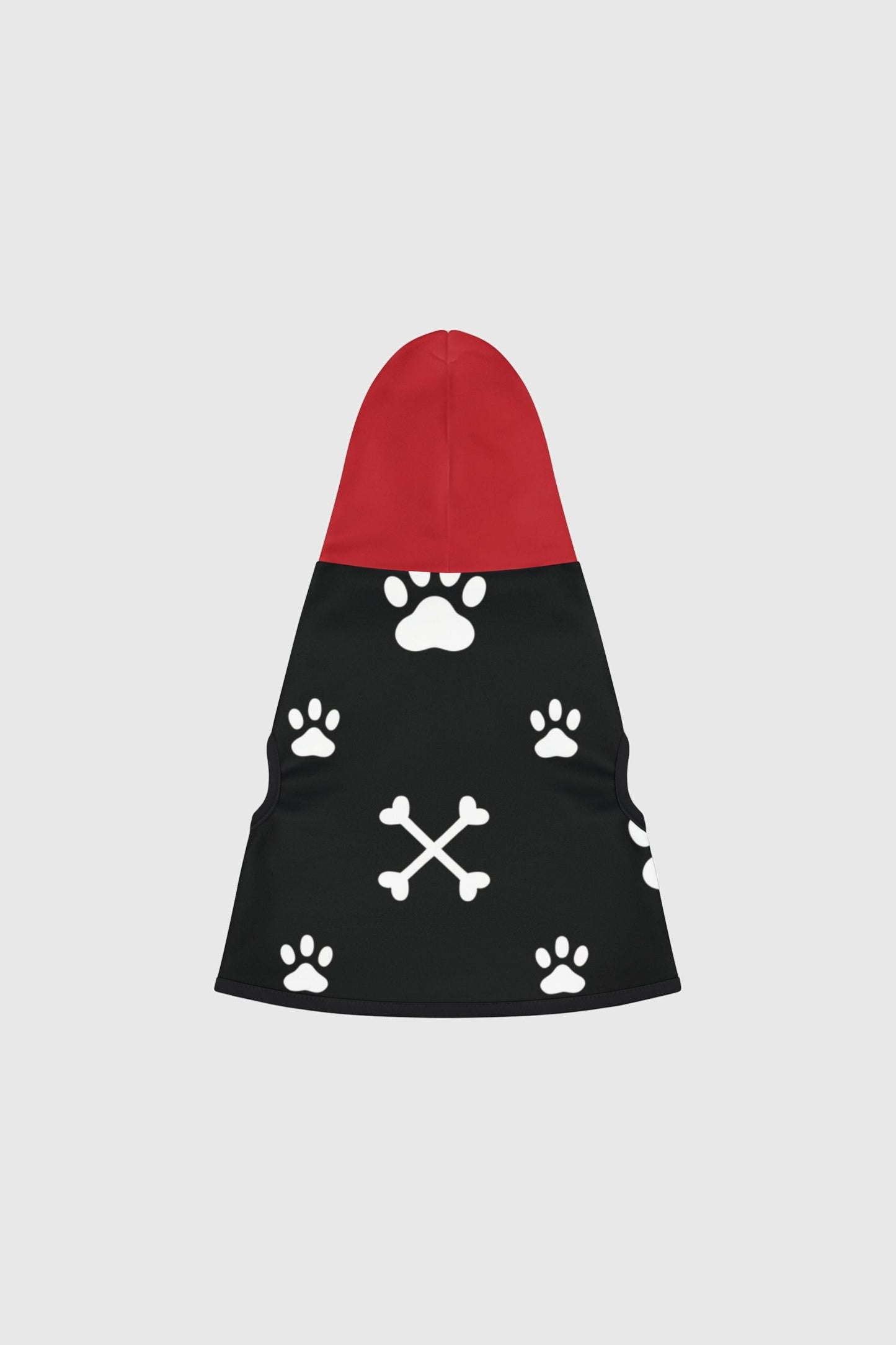 White dog hoodie with paw print crossbones, back view