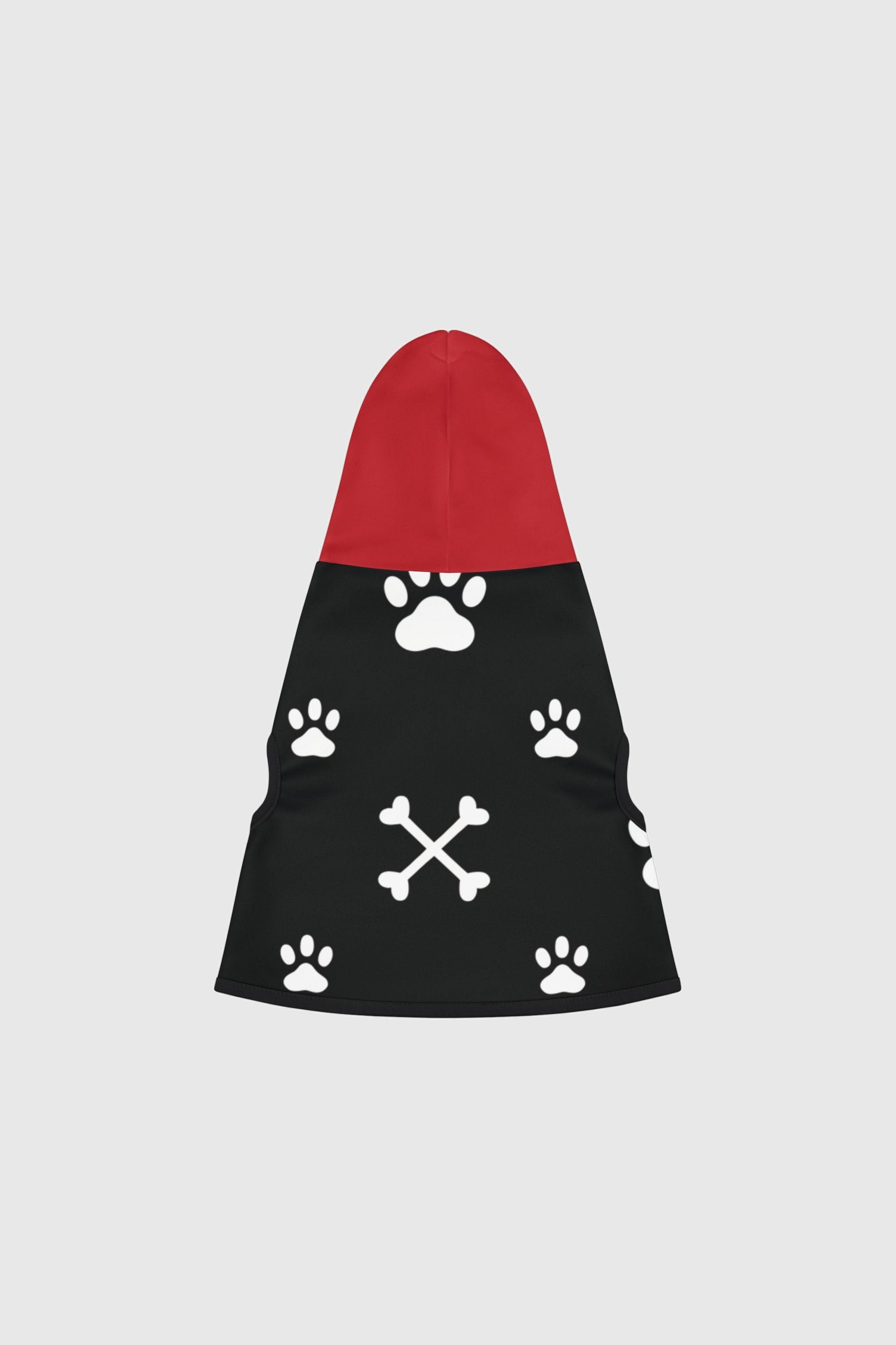 White dog hoodie with paw print crossbones, back view