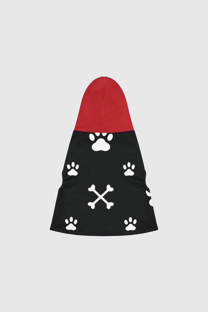 White dog hoodie with paw print crossbones, back view