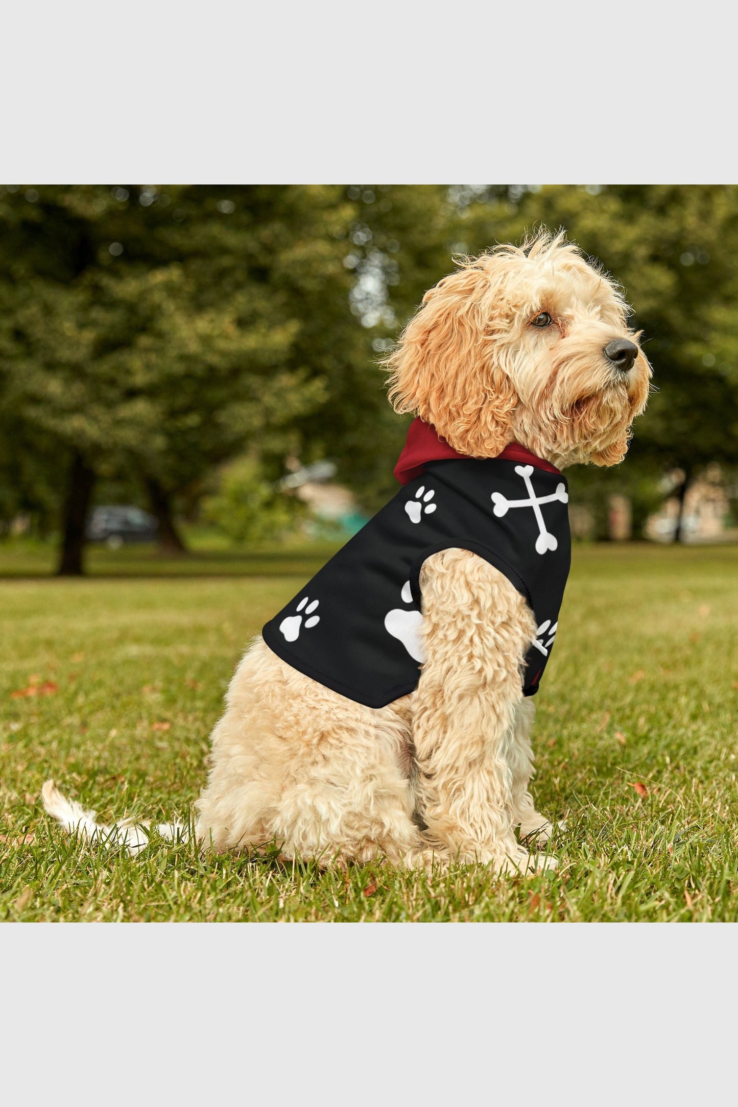 Paw print crossbones graphic on white dog hoodie, close-up
