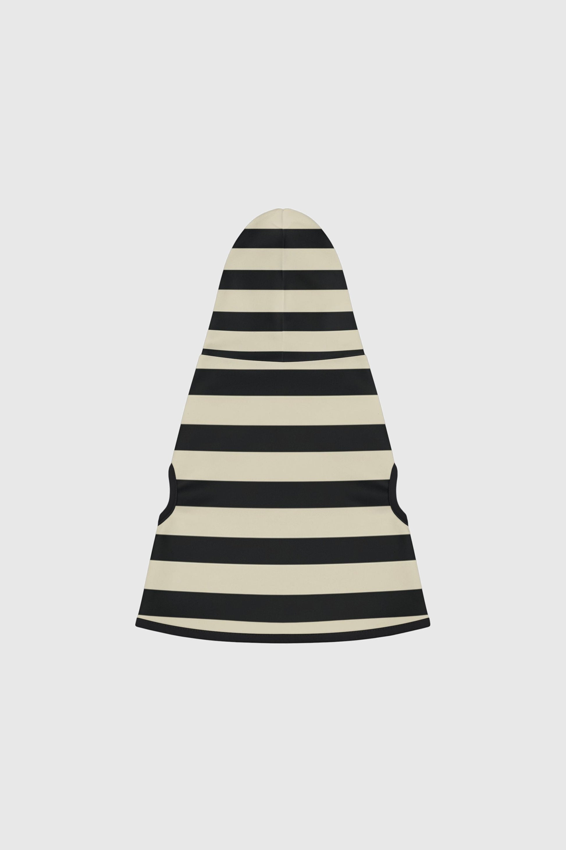 Dachshund wearing black cream chevron stripe cozy dog hoodie