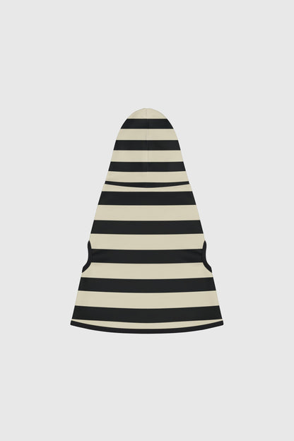 Dachshund wearing black cream chevron stripe cozy dog hoodie
