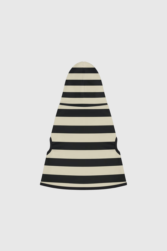 Dachshund wearing black cream chevron stripe cozy dog hoodie