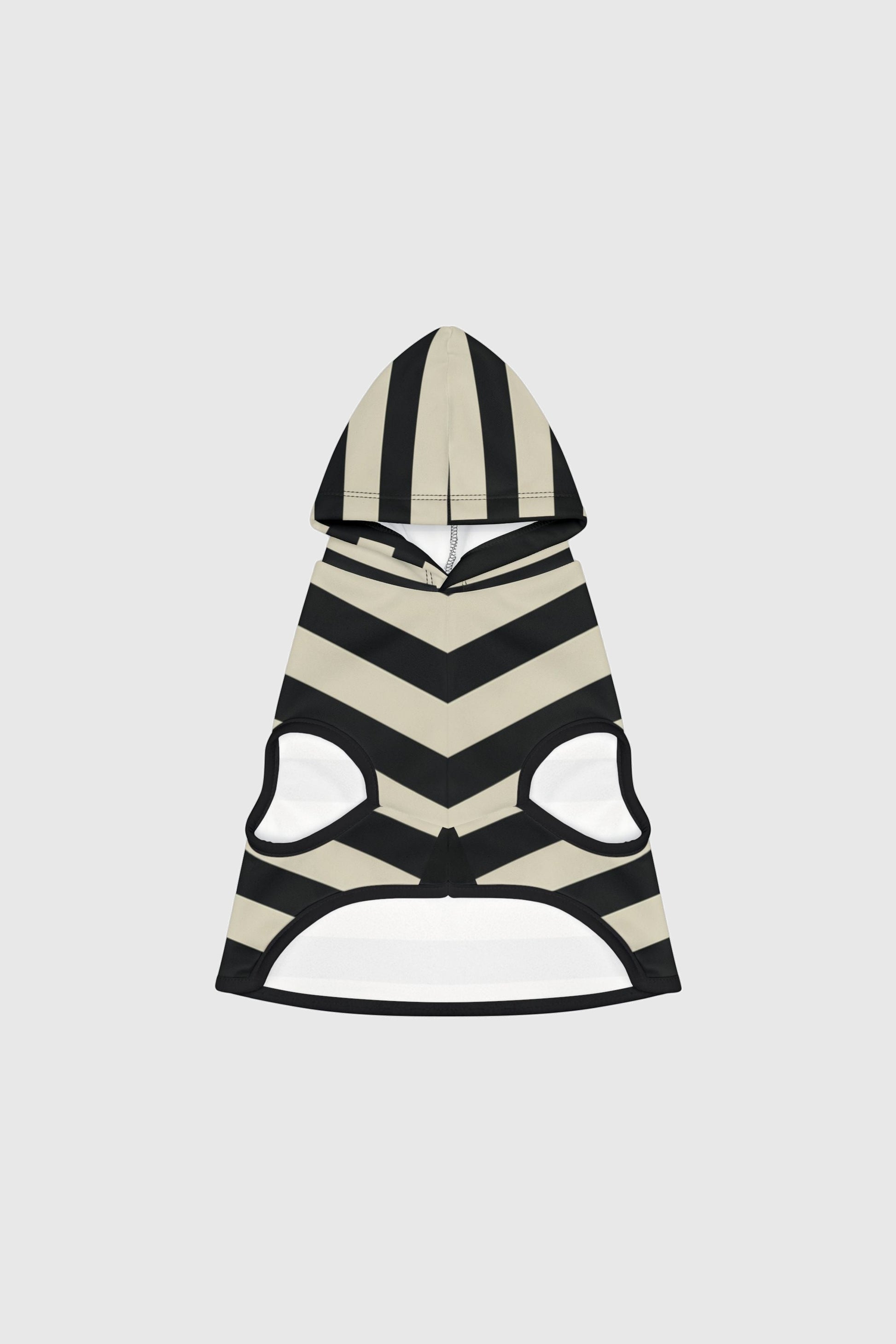 Australian cattle dog wearing black cream chevron stripe dog hoodie