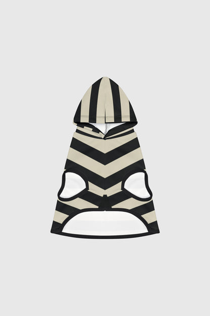 Australian cattle dog wearing black cream chevron stripe dog hoodie