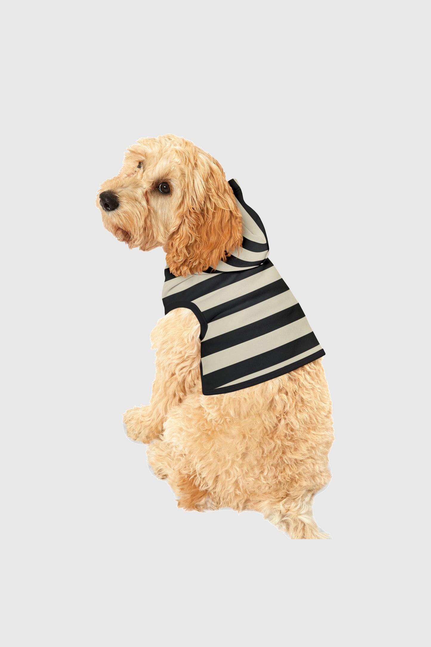 Black cream chevron stripe dog hoodie, side view