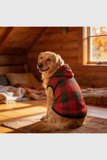 Red and green plaid cozy dog hoodie, pullover style
